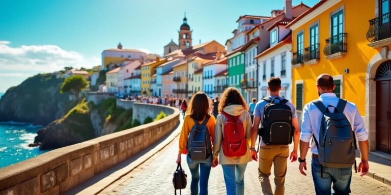 Travelers enjoying a beautiful Portuguese town.