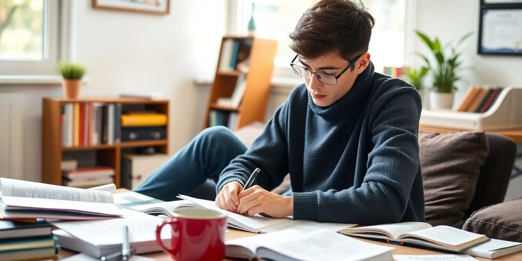 Student studying for a language exam with books and coffee.