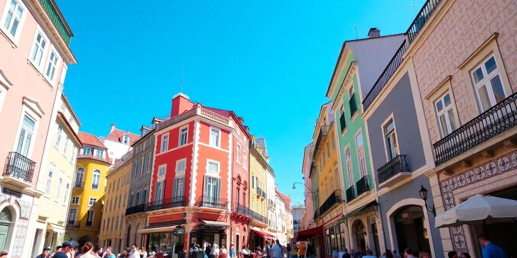 Colorful Lisbon street with traditional buildings and outdoor cafes.