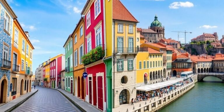 Colorful Lisbon and Porto street scenes with historic architecture.