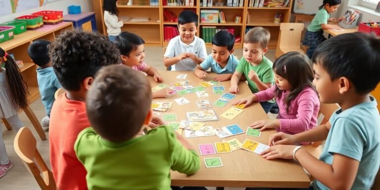 Children learning Portuguese through fun activities in a classroom.