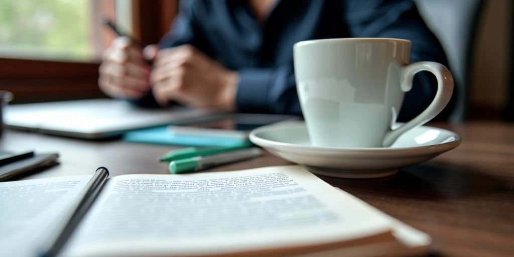 A translator's workspace with a laptop and coffee.