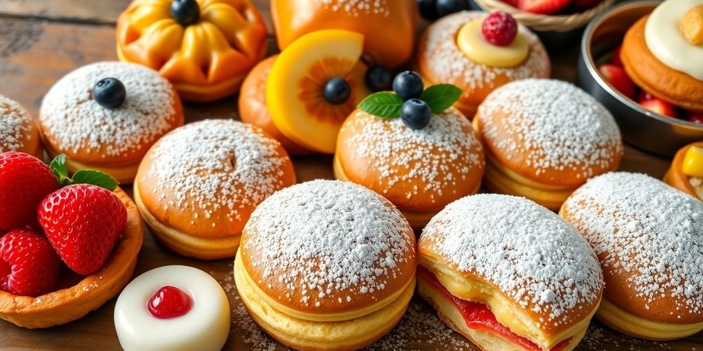 Colorful Portuguese pastries on a rustic wooden table.