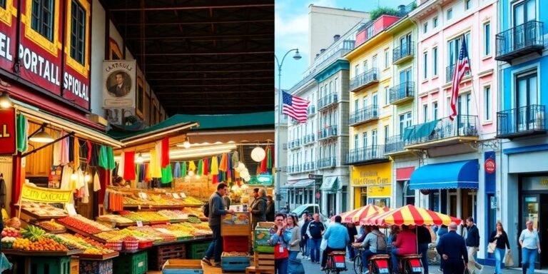 Street markets in Portugal and USA contrast living costs.