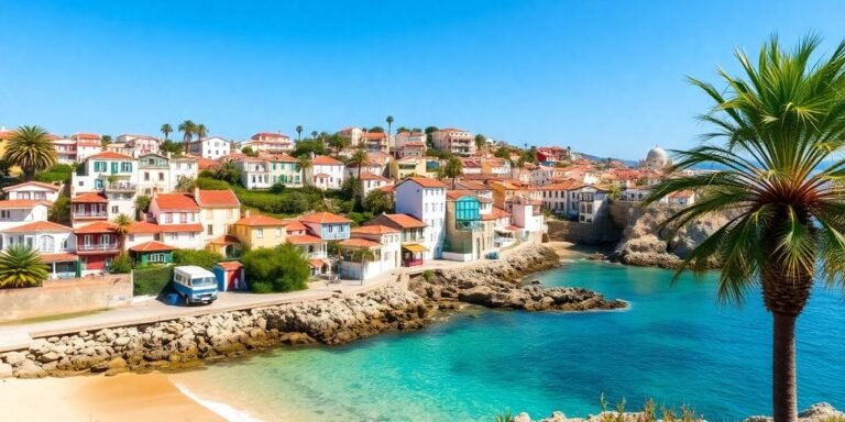 Colorful coastal scenery of Portugal with palm trees.