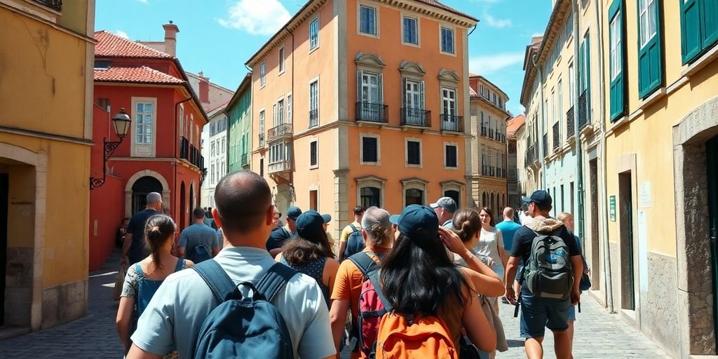 Americans exploring a picturesque street in Portugal.