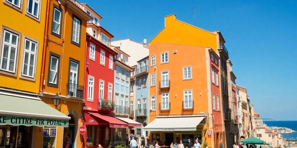 Colorful streets of Portugal filled with cafes and shops.