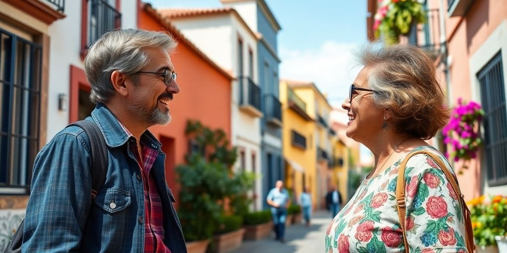 Americans interacting with locals in a vibrant Portuguese street.