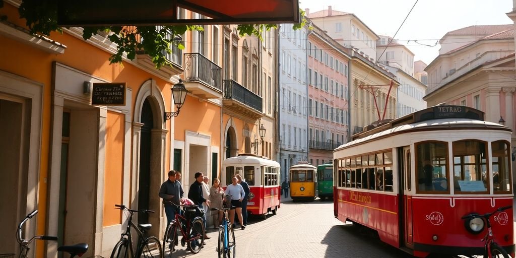 Colorful trams and bicycles in a sunny Portuguese street.