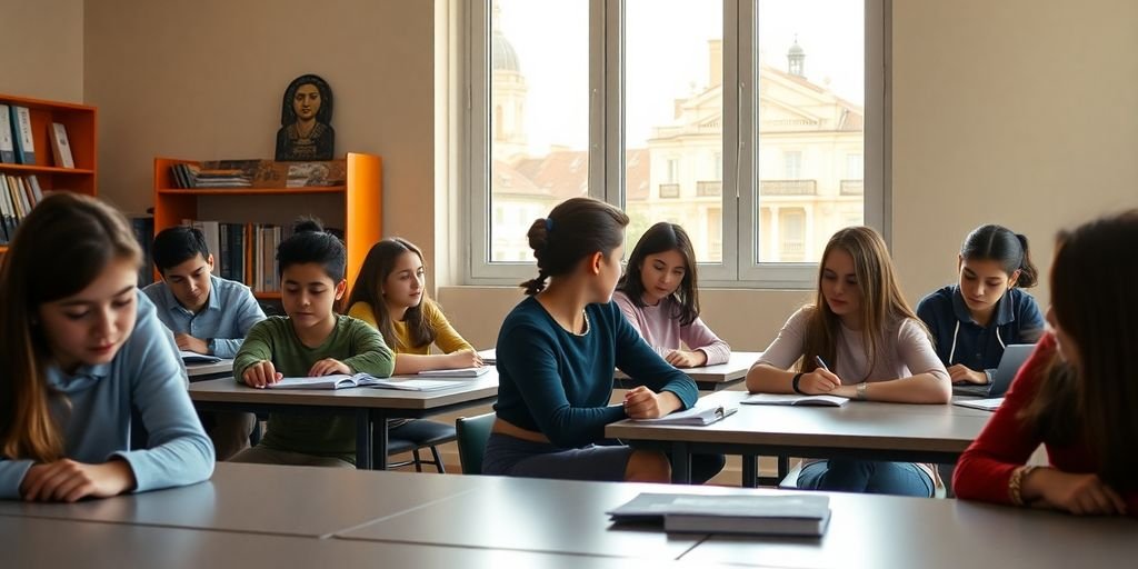 Classroom in Portugal with students learning together.