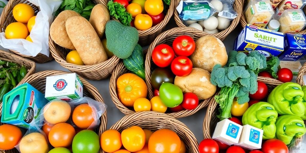 Grocery items from Portugal and the USA in baskets.