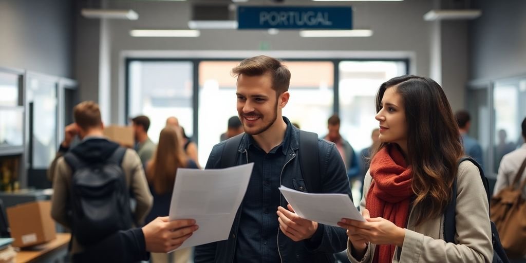 Couple dealing with paperwork in a Portuguese office.